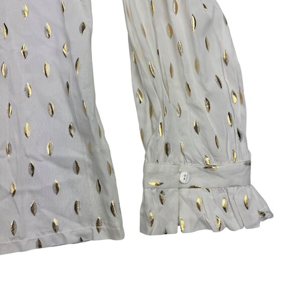 Solitaire White/Gold Geometric Foil Neck Tie ruffle cuff Blouse Women's sz XL - Picture 5 of 9